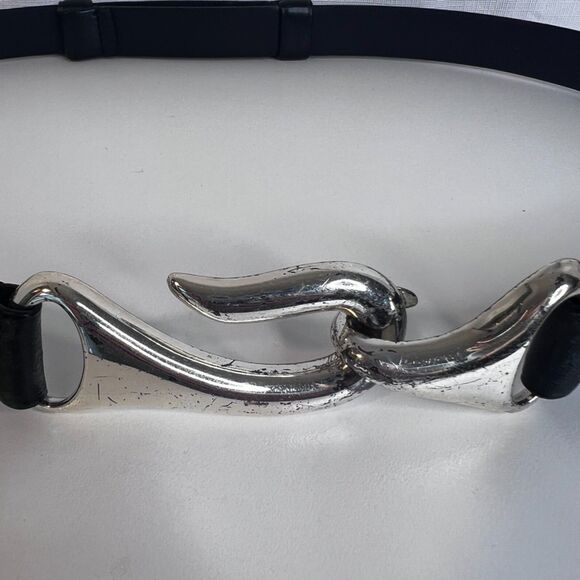Chicos Statement Belt Silver Metal Hook Buckle Black Leather Adjustable MD** - Picture 2 of 9